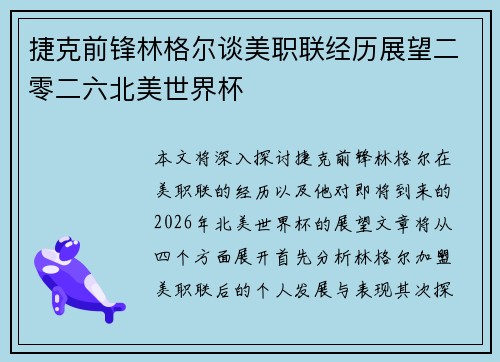 捷克前锋林格尔谈美职联经历展望二零二六北美世界杯