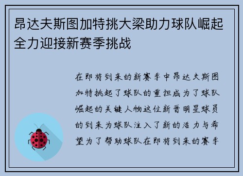 昂达夫斯图加特挑大梁助力球队崛起全力迎接新赛季挑战